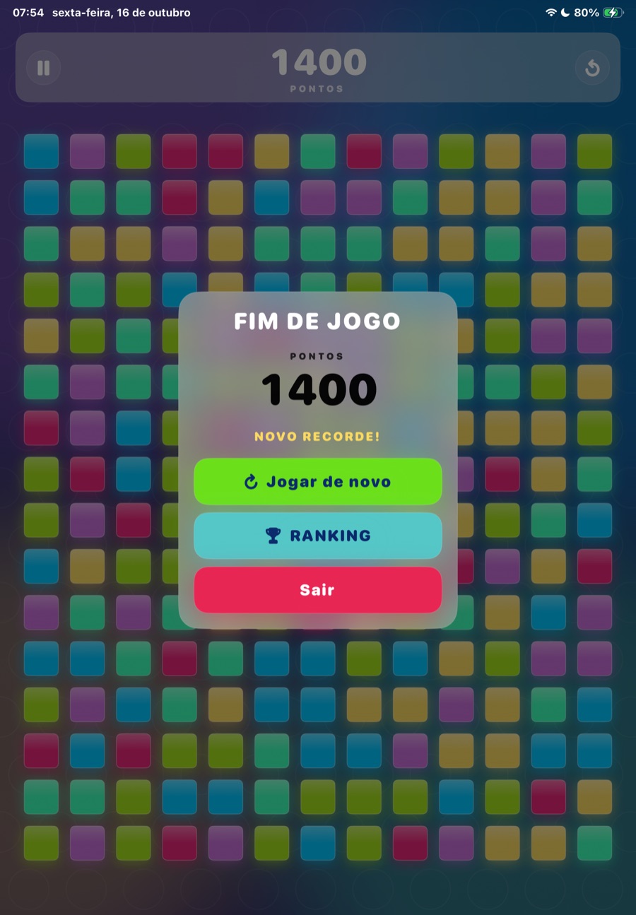 The end of a round on iPad, showing the final score and a new record
